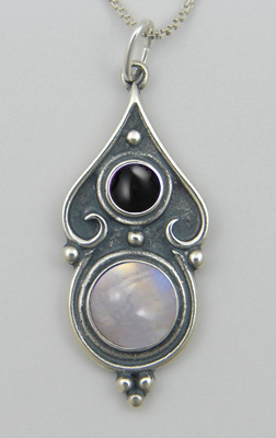 Sterling Silver Romantic Necklace Rainbow Moonstone And Black Onyx